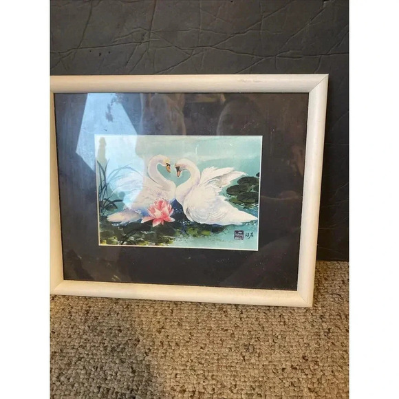 Watercolor Painting White Swans Lovers In Water Waterlily Artwork Framed 9”X11” - Picture 6 of 6